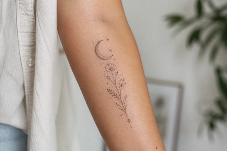 19 Boho Moon Tattoo Designs for Women Inspired by Nature and the Night Sky Fine line crescent moon with stars above a vertical floral vine tattoo on the inner forearm