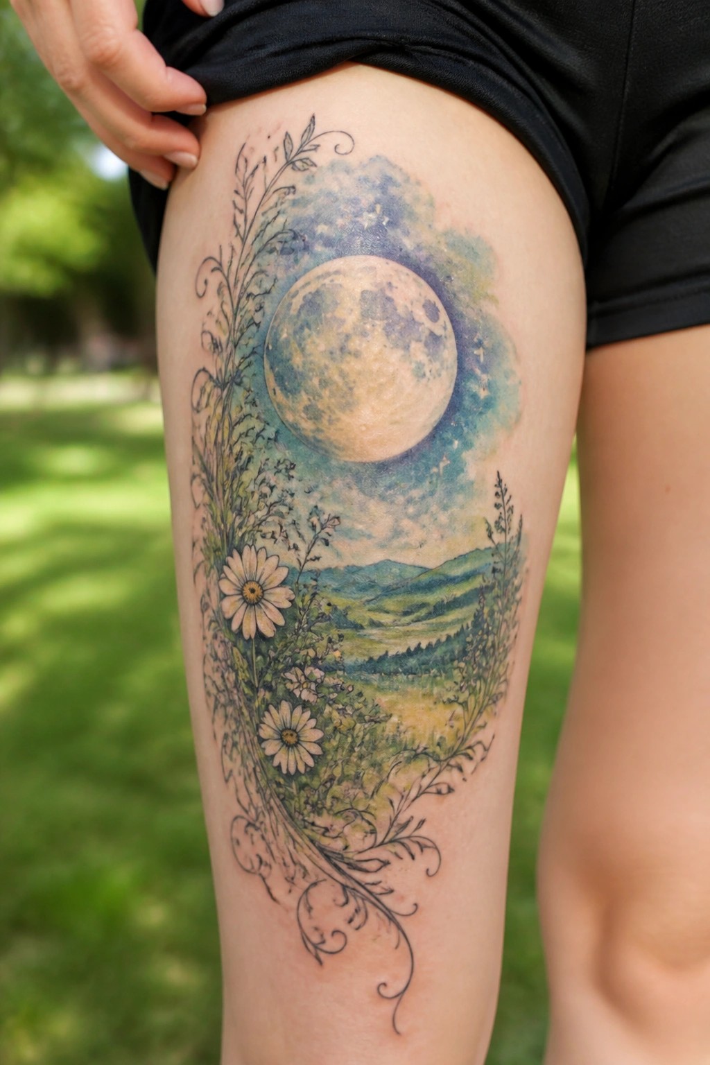Watercolor moon and floral landscape tattoo on thigh under lifted black shorts
