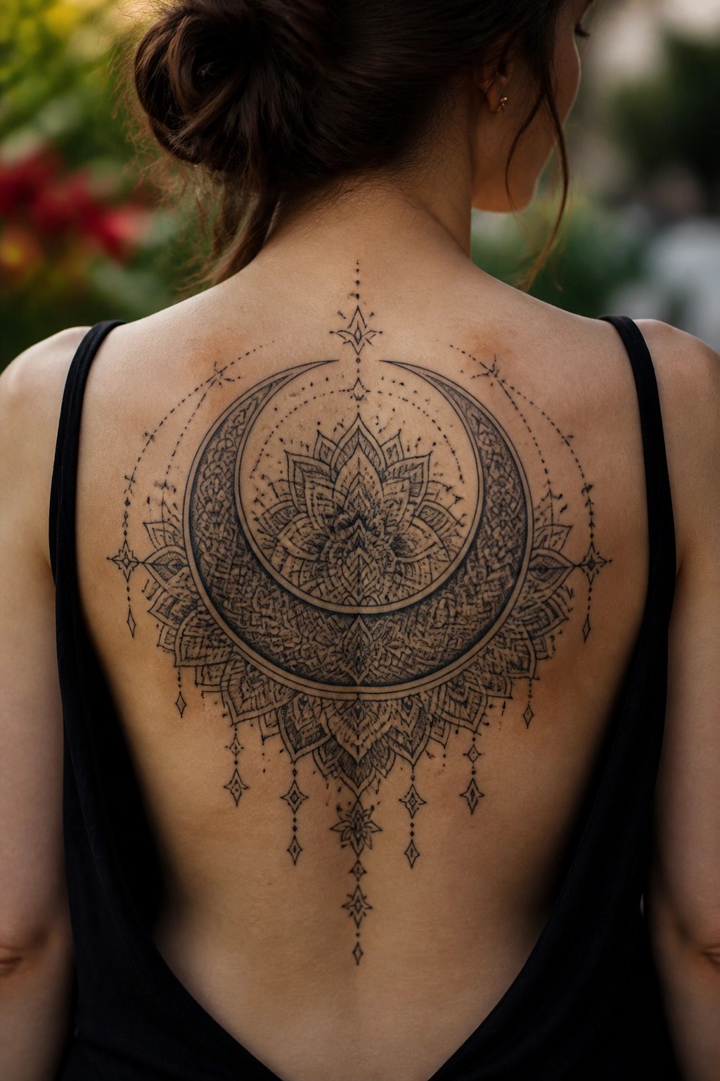 Large blackwork tattoo on a woman's upper back showing a crescent moon with an intricate lotus mandala inside, accented by dotwork and hanging geometric shapes.