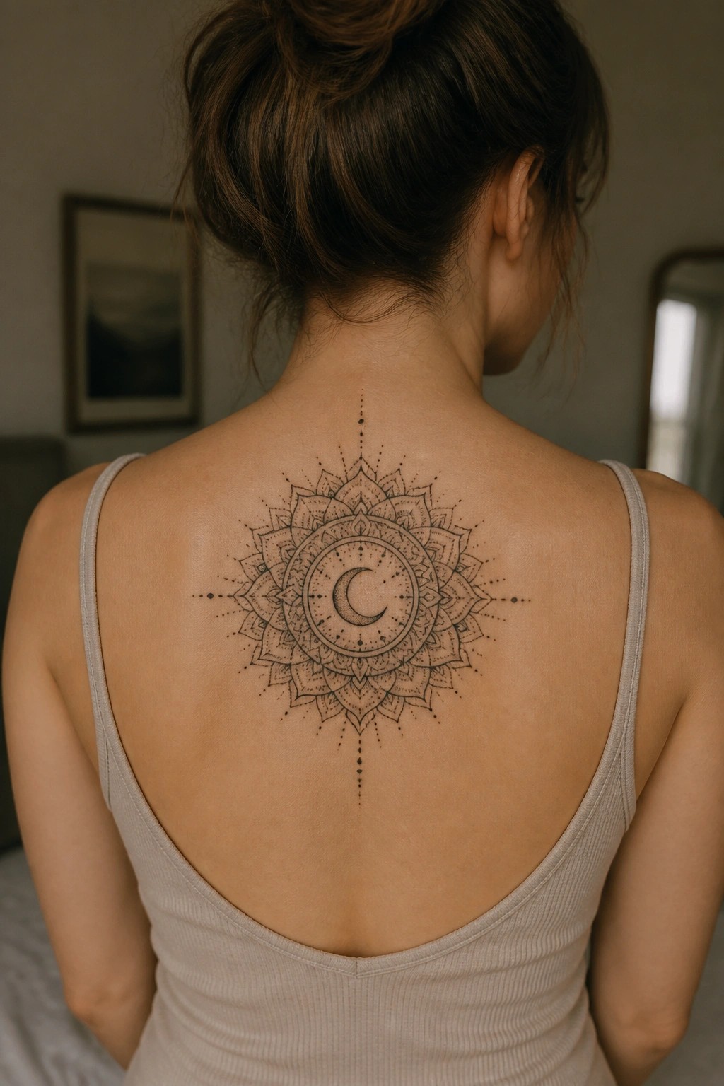 Woman's back with intricate mandala tattoo and crescent moon, wearing beige tank top, hair in bun