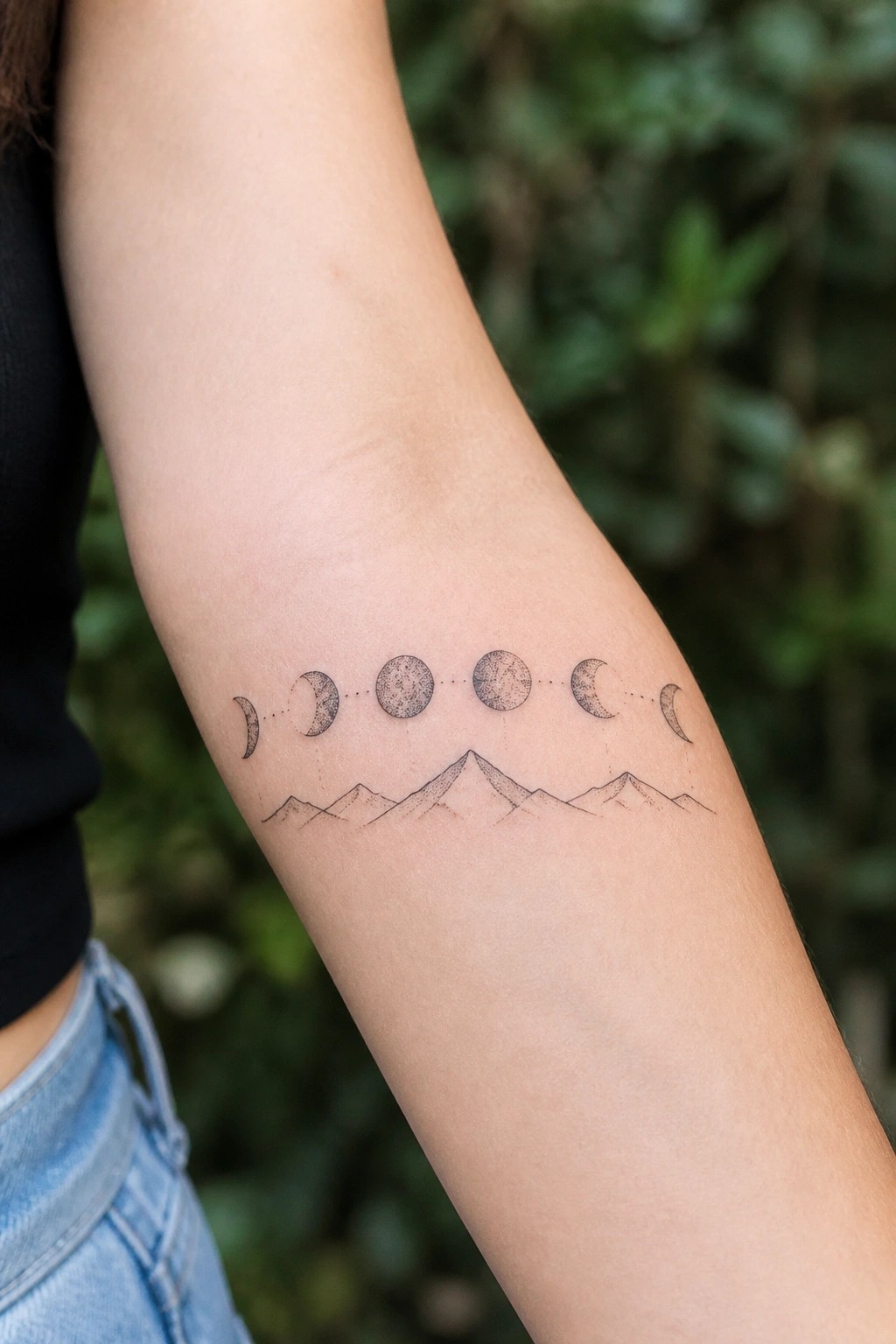 Minimalist black ink tattoo on the inner forearm showing moon phases above a mountain range in fine line style.