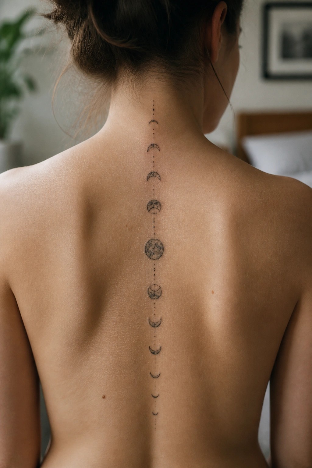 Bare back of woman with moon phase tattoo running down spine, hair in bun