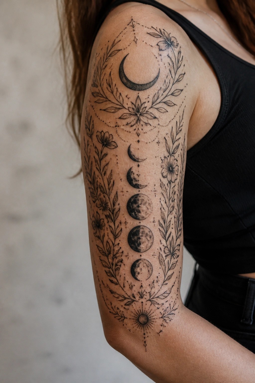 Black ink tattoo on a woman's upper arm showing vertical moon phases framed by flowers and leaves with a crescent at the top and a sun at the bottom.