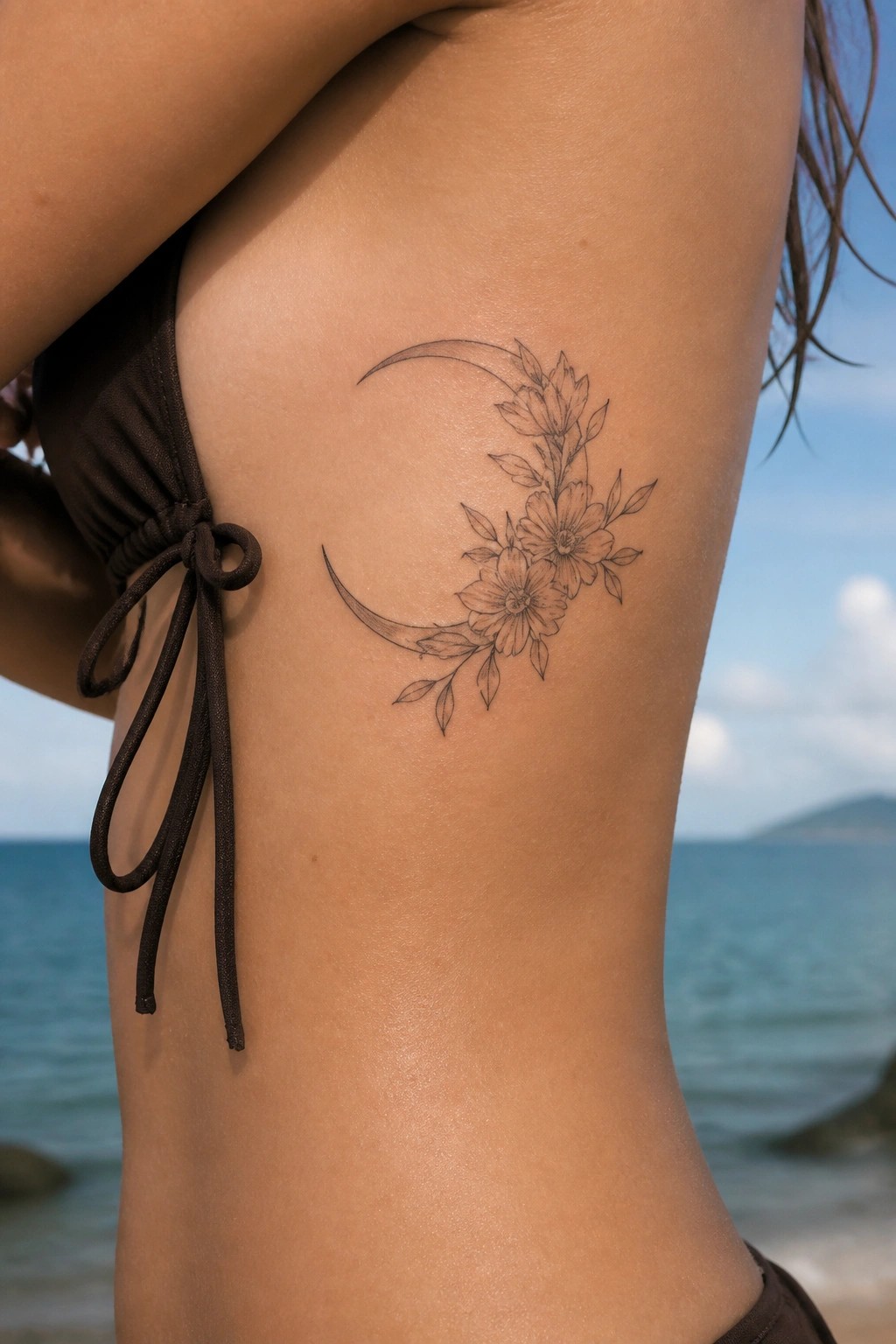 Floral crescent moon tattoo on side with brown bikini ties by ocean