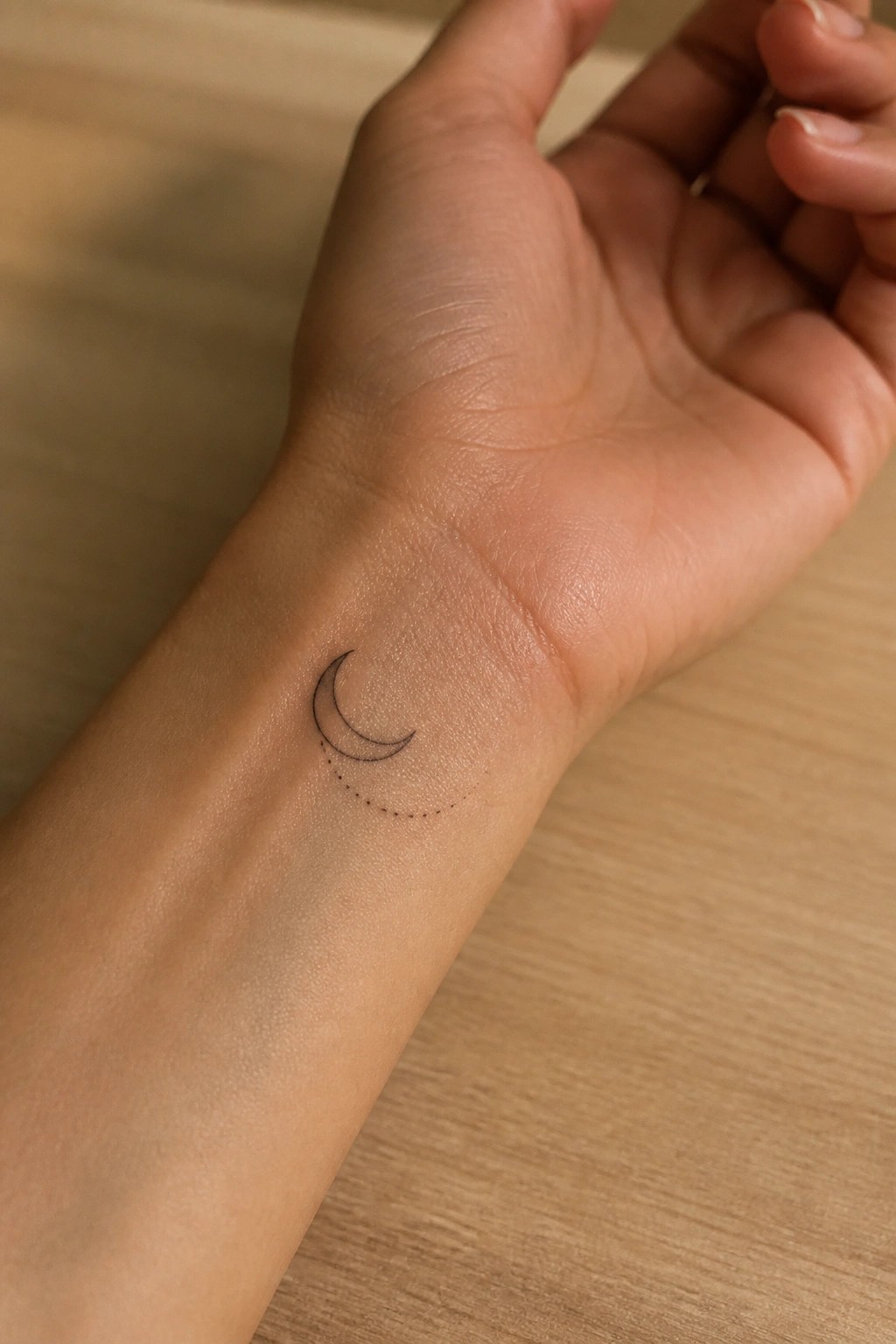 Small black crescent moon tattoo with dotted arc on the inner wrist