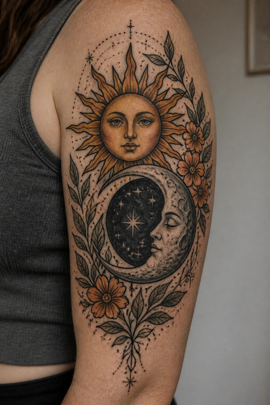 Upper arm tattoo of a sun with a face above a crescent moon with a face, surrounded by leaves and flowers.