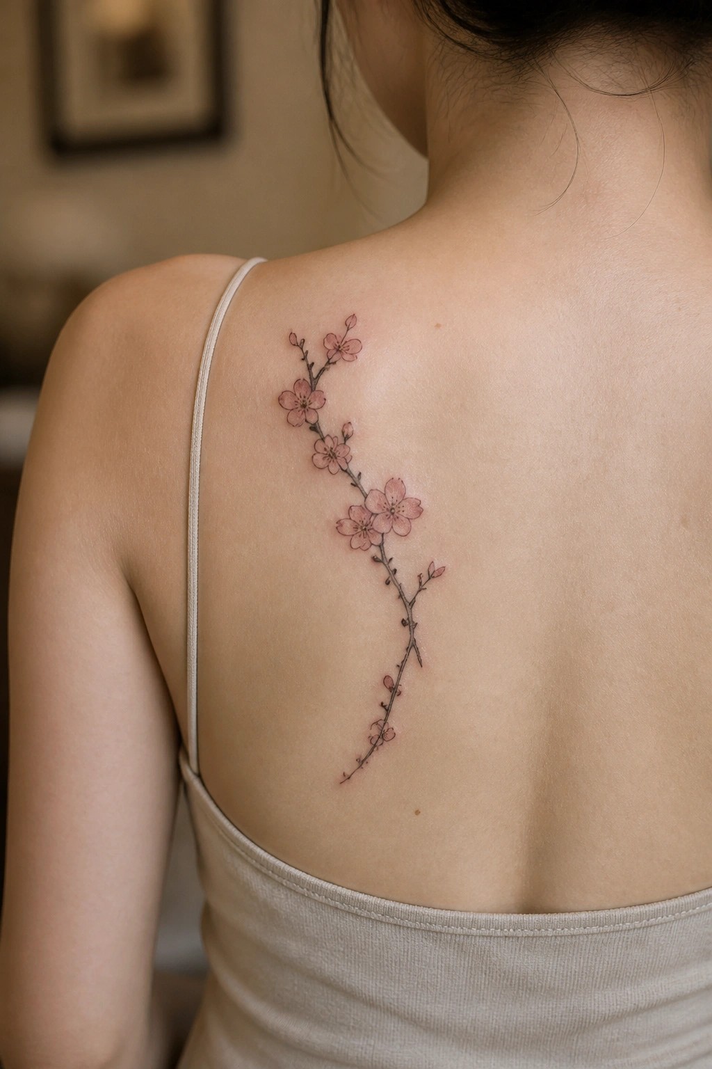 Pink cherry blossom branch tattoo on woman's back above beige tank top