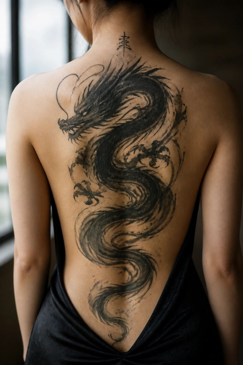 Woman's back with large black dragon tattoo in low-backed black dress.