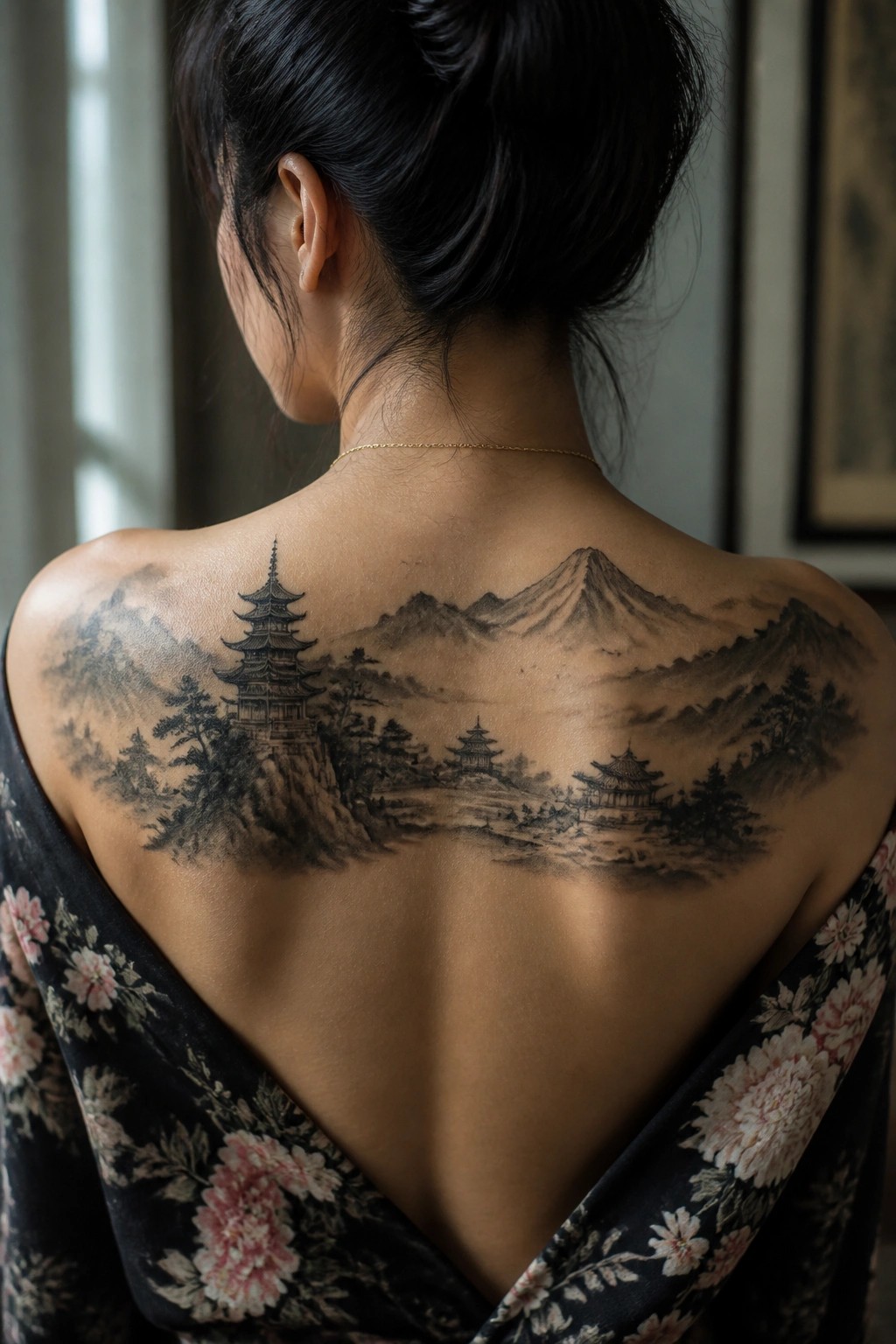 Woman's back with large black ink pagoda mountain tattoo above low floral dress