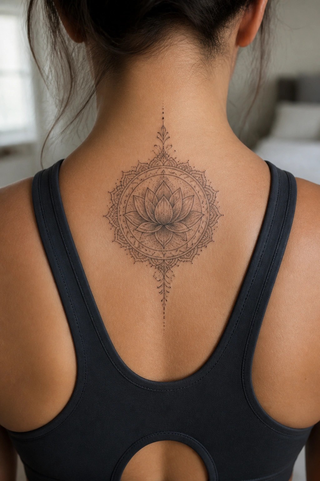 Woman's back with large lotus mandala tattoo over dark tank top