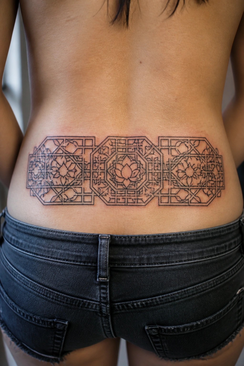 A horizontal lower back tattoo featuring three connected Chinese geometric panels with lotus flowers in black line work, placed above dark denim shorts.