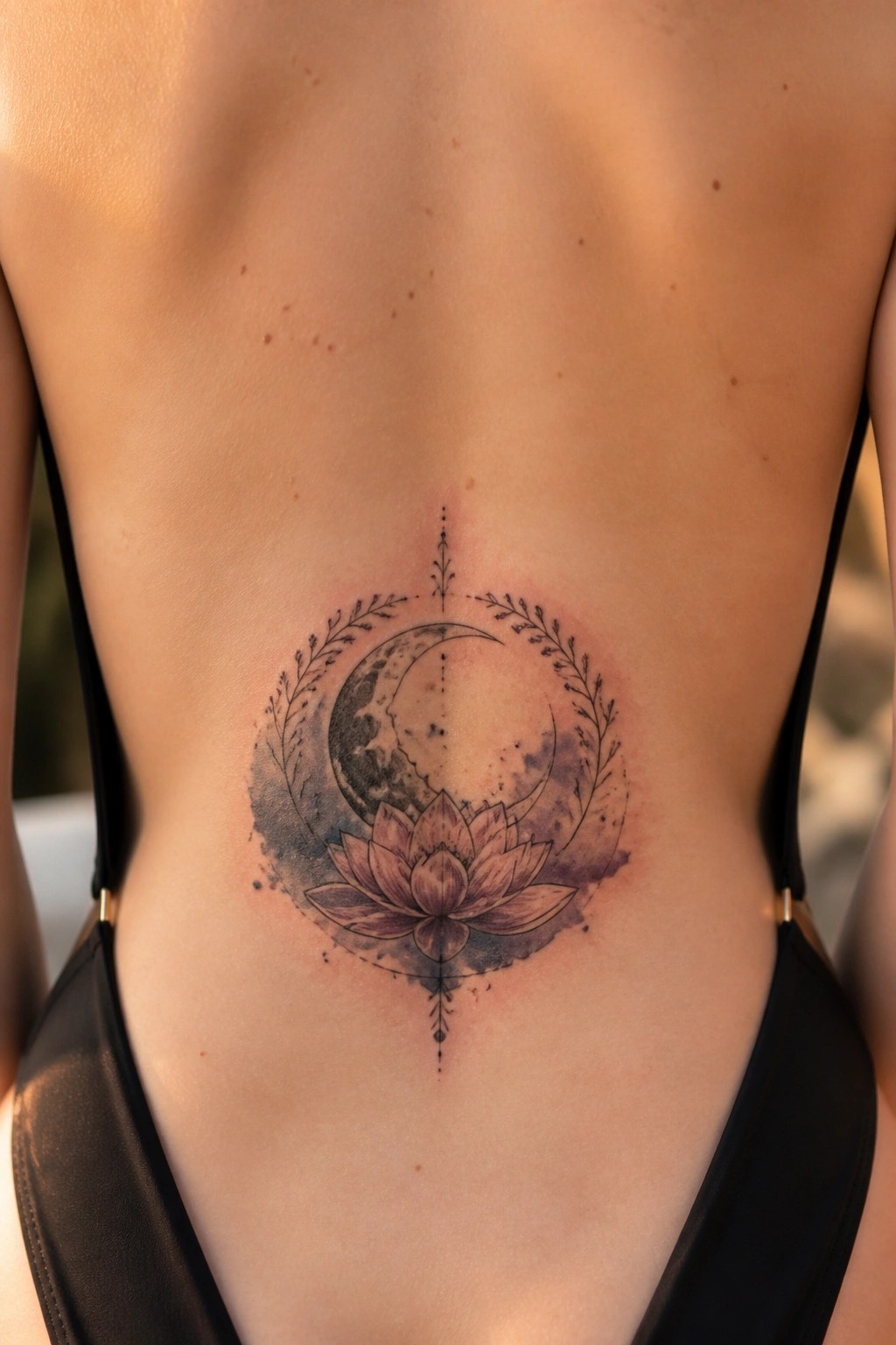 A crescent moon and lotus flower tattoo centered on a woman's lower back with surrounding branches and soft shading.
