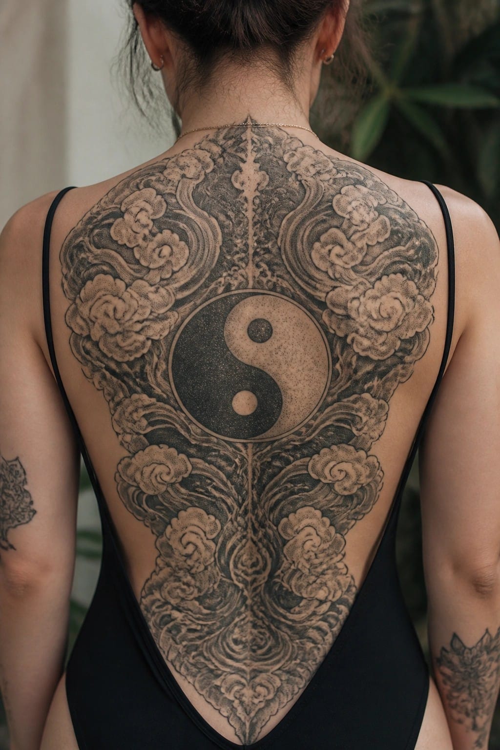 Woman's full back tattoo showing a central yin yang symbol surrounded by detailed cloud patterns in black and gray ink.