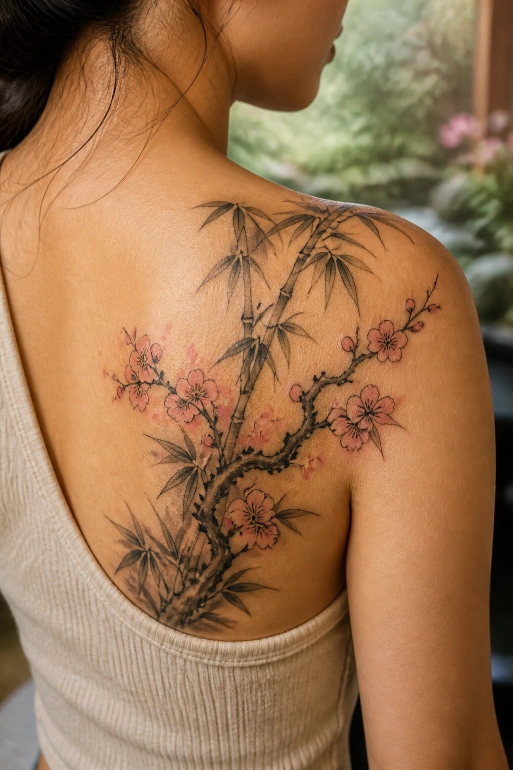 Woman's back in beige tank top with pink cherry blossom bamboo tattoo