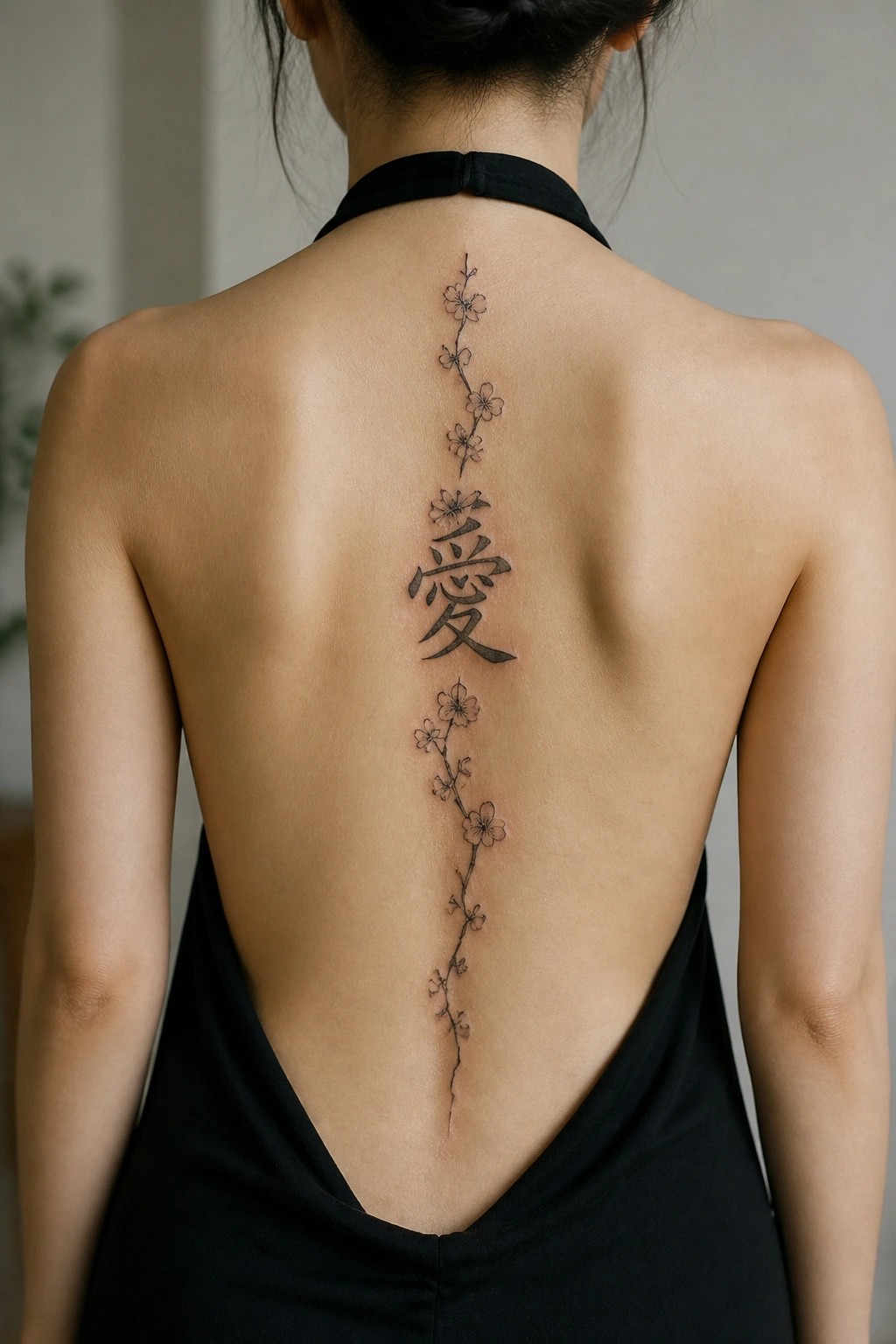 Woman's back in black halter dress with cherry blossom and Chinese love tattoo.