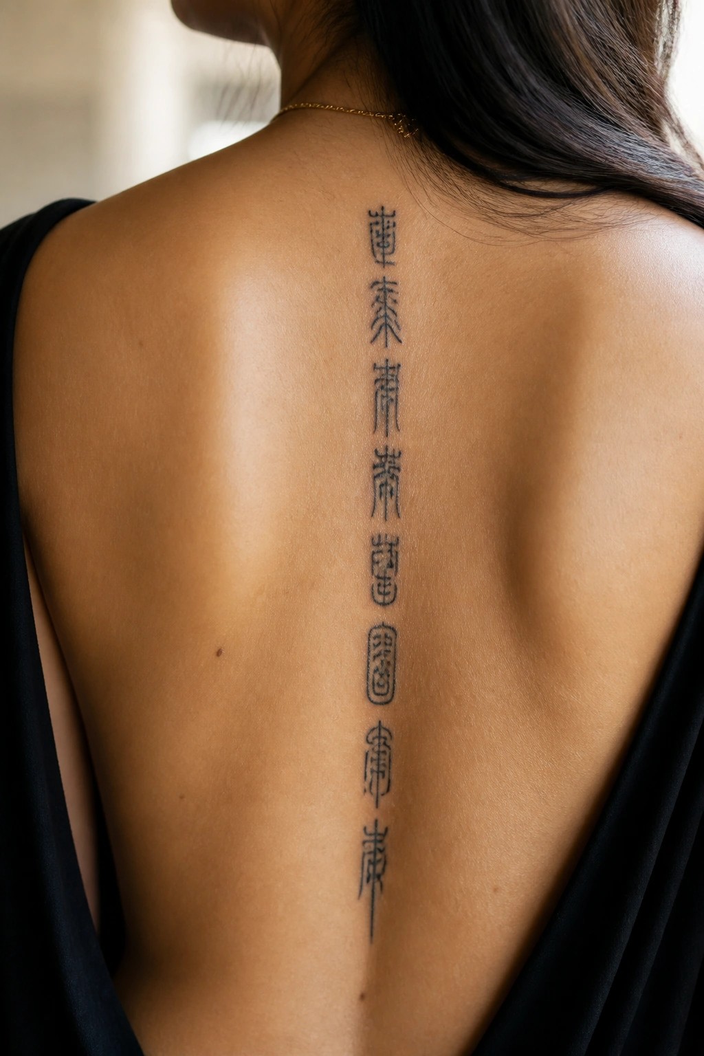Vertical column of Chinese characters tattooed down the center of a woman's back along the spine