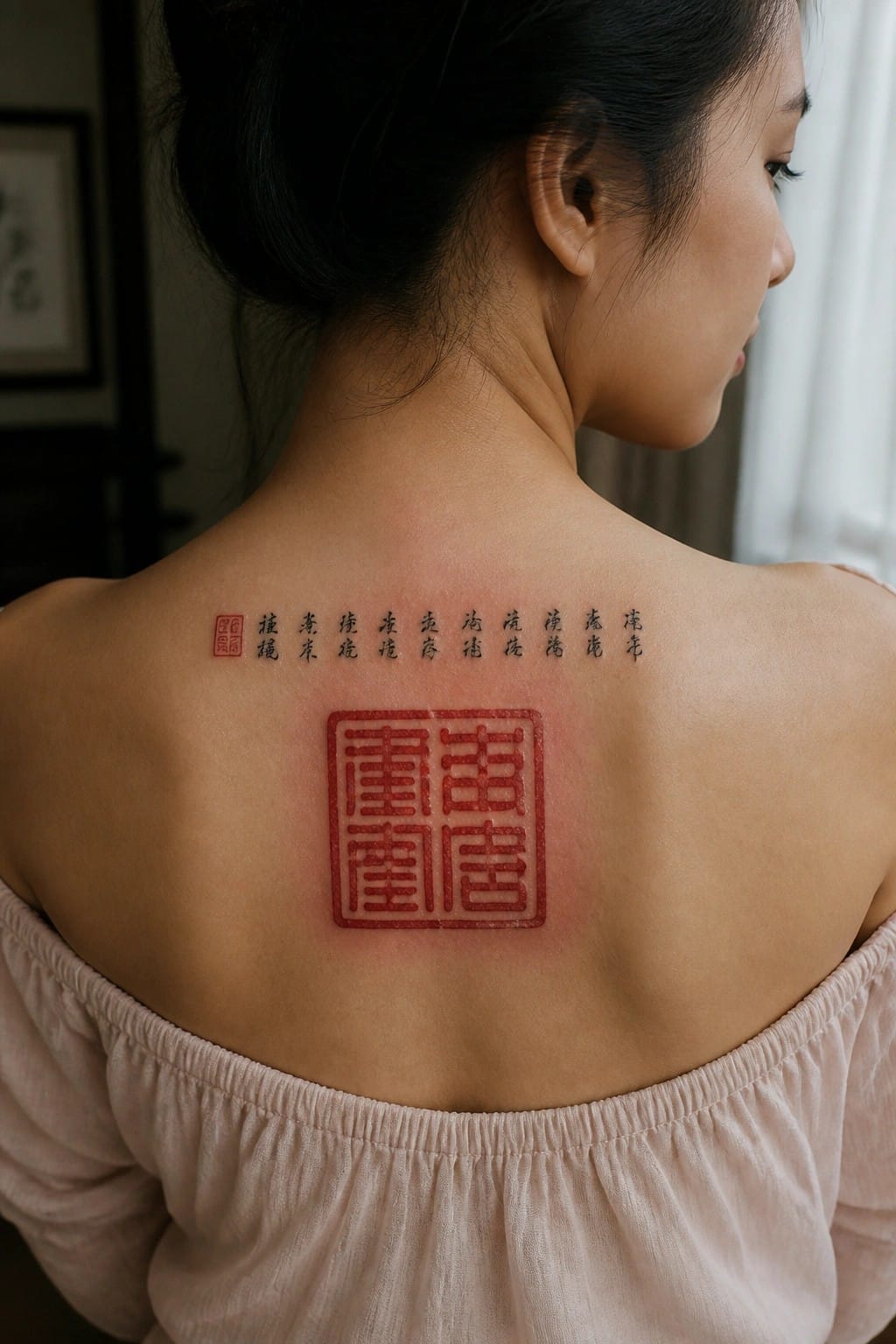 Woman with black hair in a bun showing a back tattoo of Chinese characters in a horizontal line above a large red square seal on the upper back.