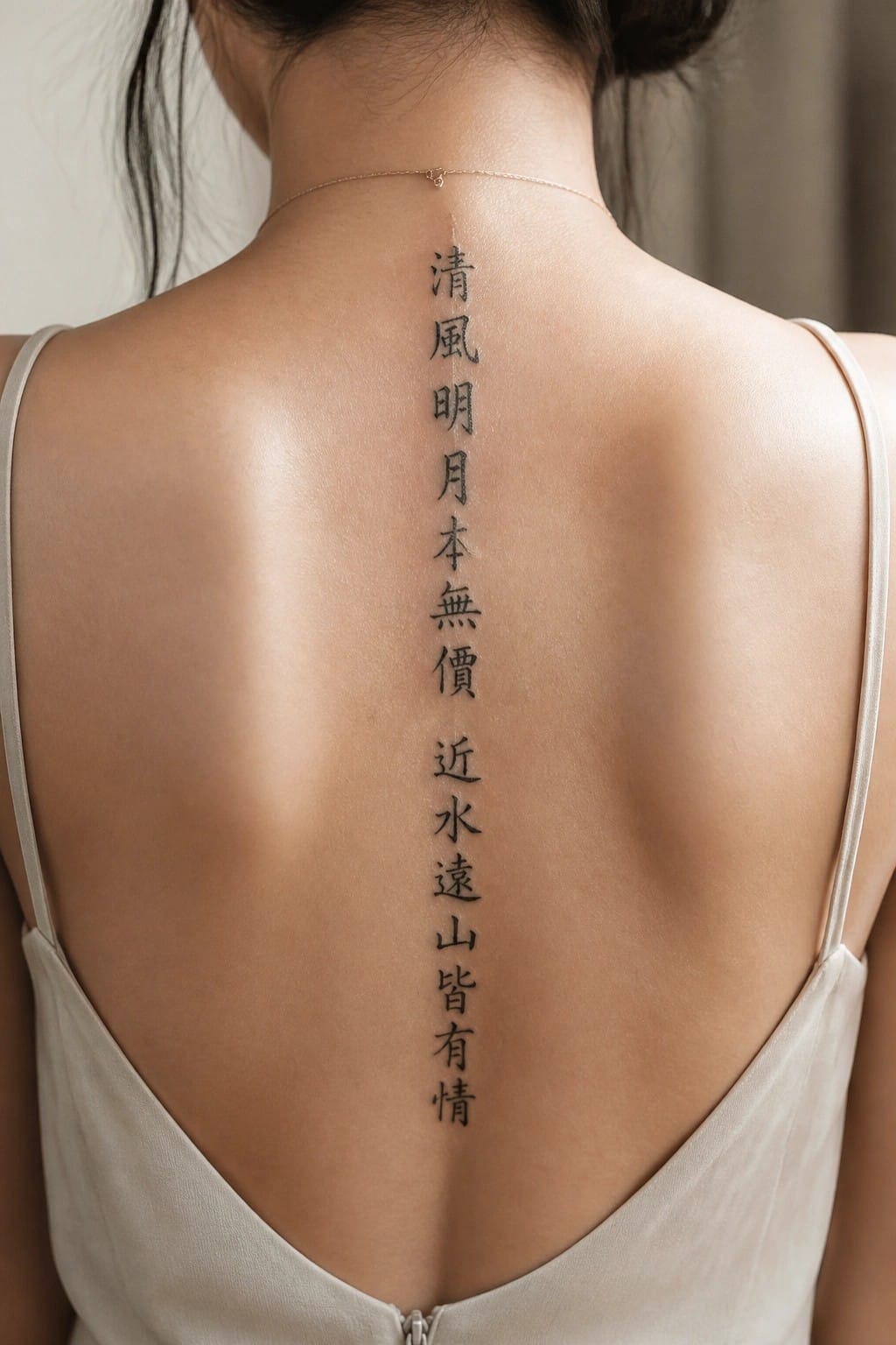 Woman's back with vertical Chinese tattoo, beige dress, gold necklace.