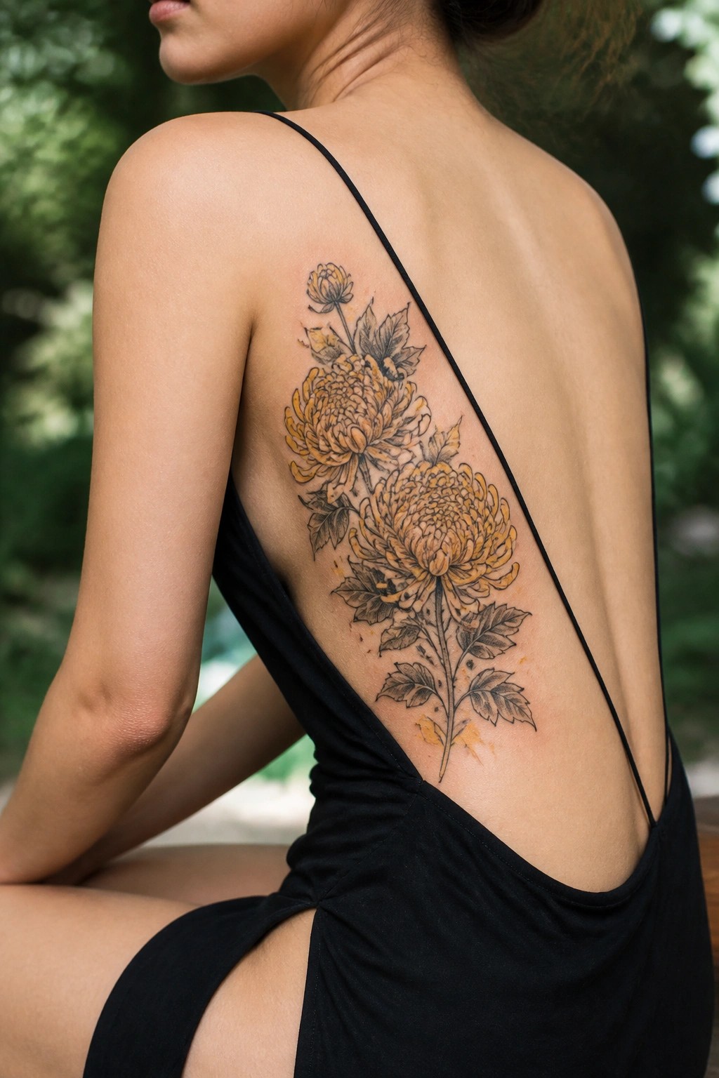 Woman's back with large yellow chrysanthemum tattoo in black backless dress