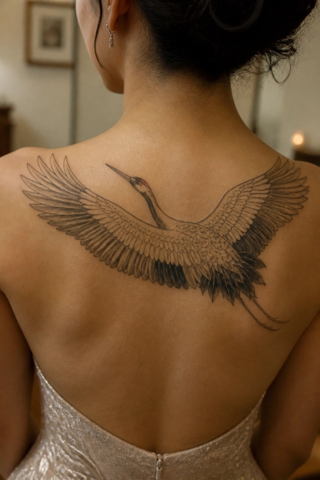 Woman's back with large spread-wing crane tattoo above sparkly sequined dress.