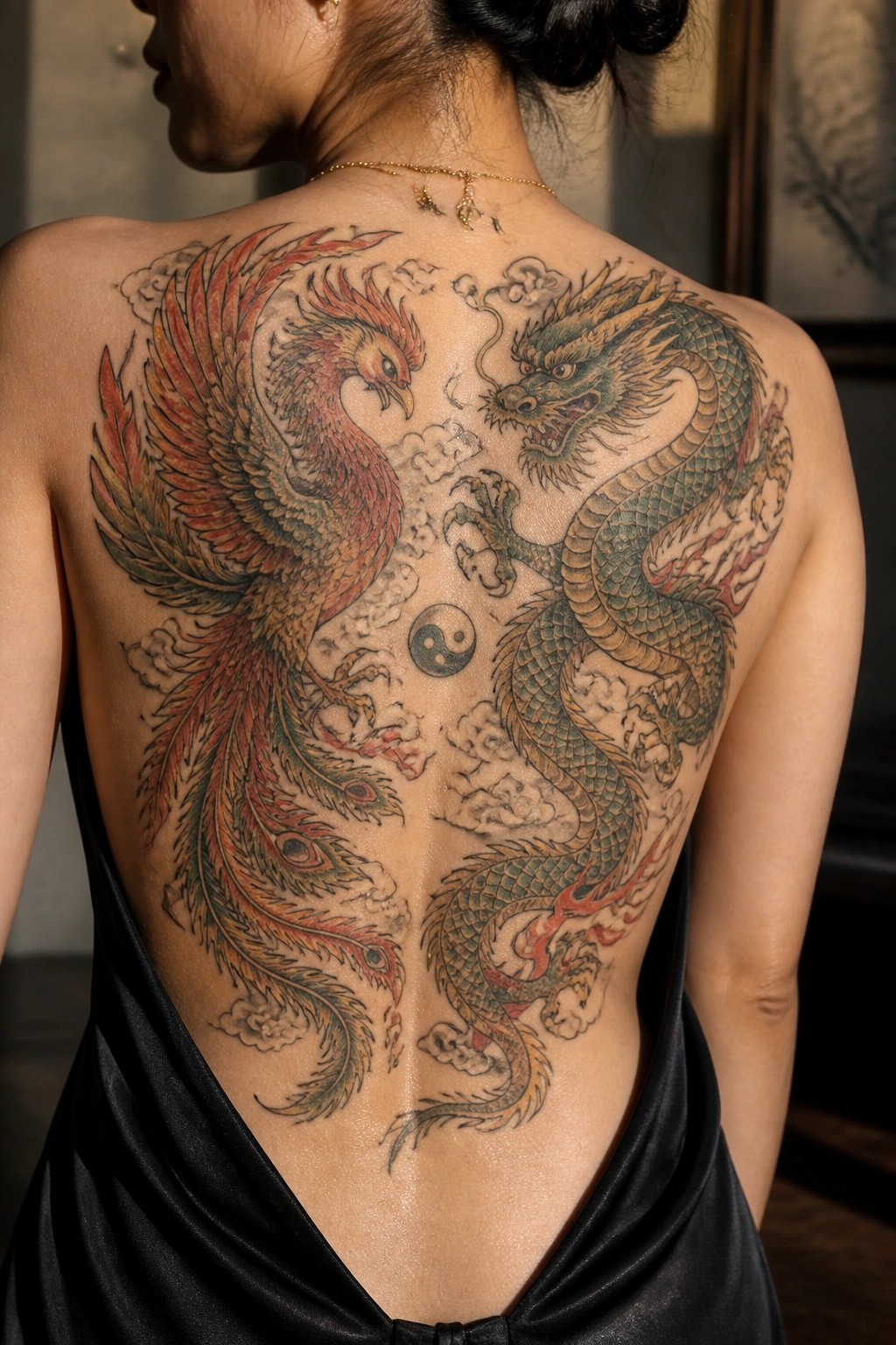 Woman's back with large dragon-phoenix tattoo and yin-yang over black dress.
