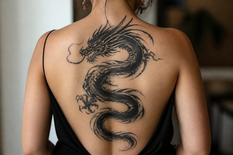 19 Chinese Back Tattoo Ideas for Women That Create a Striking Statement Woman's back with large black dragon tattoo in low-backed black dress.