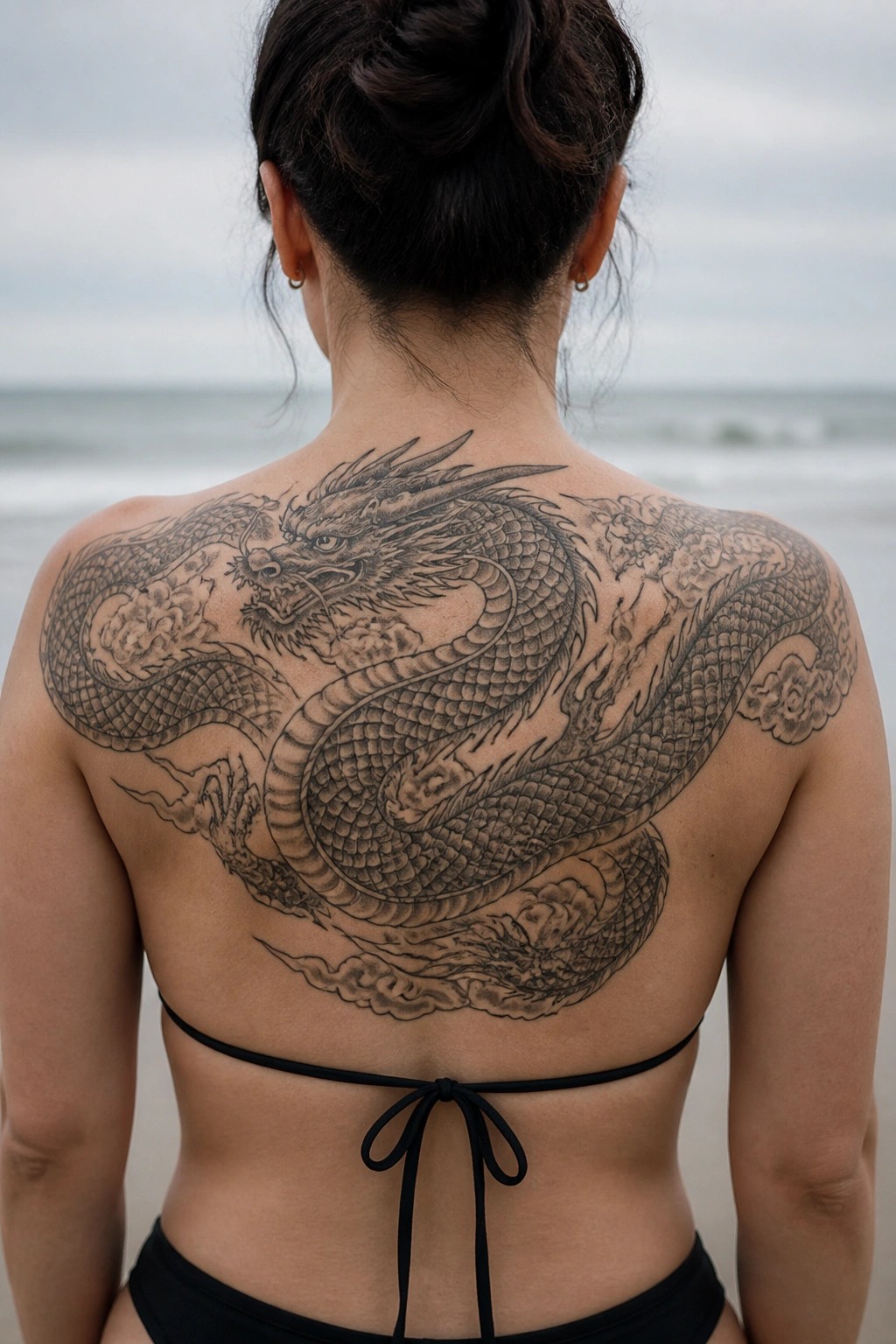 Woman with a large black and grey Chinese dragon tattoo covering her full back, shown from behind at the beach.