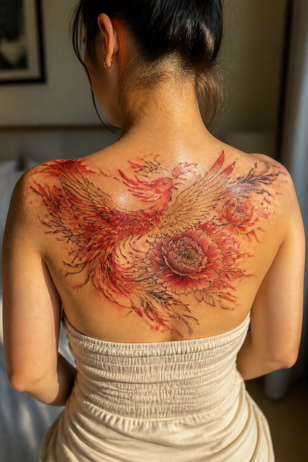 Woman's back with vibrant red-orange phoenix tattoo and flowers above strapless beige top.