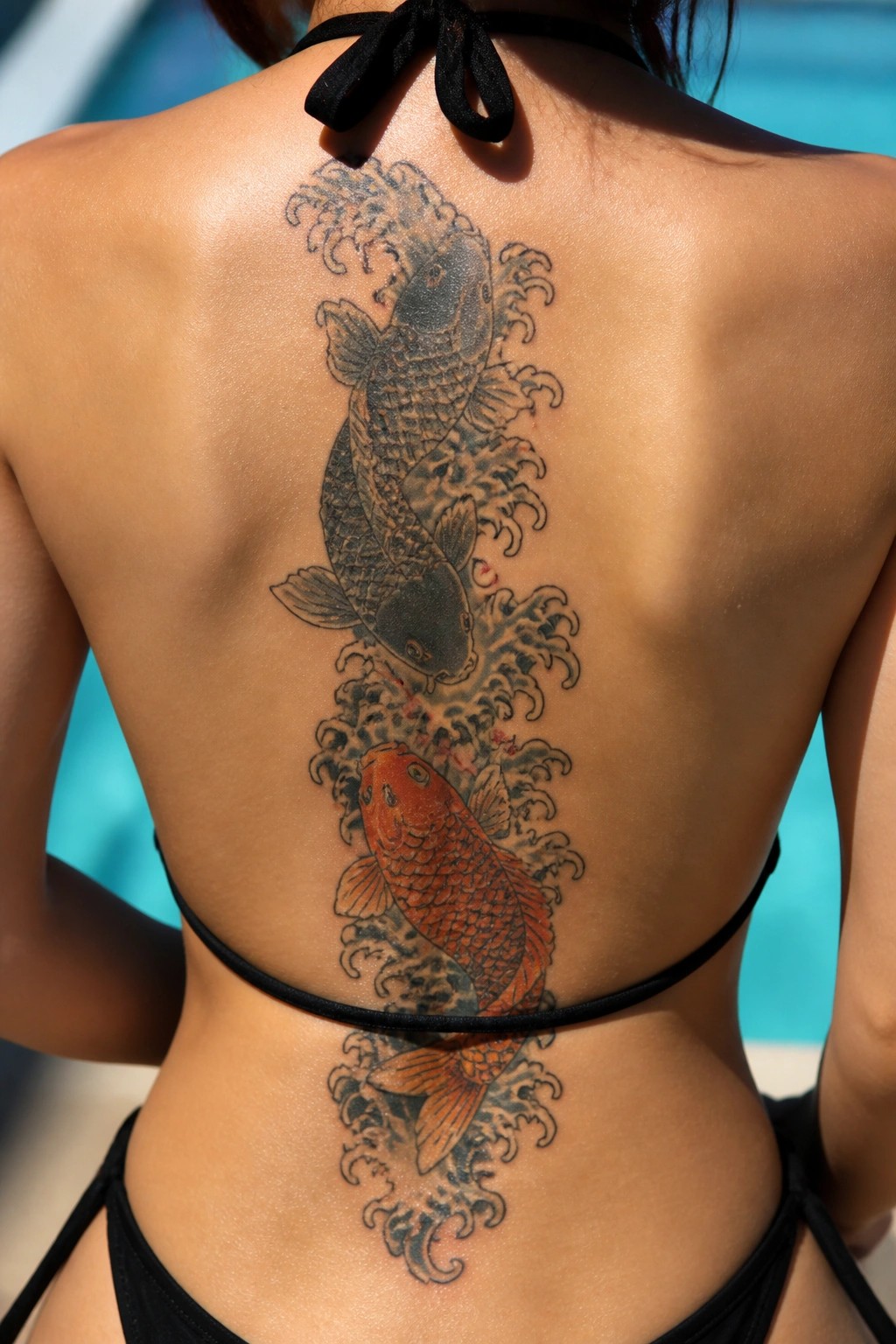 Woman's back with black and orange koi fish tattoo in black bikini by pool