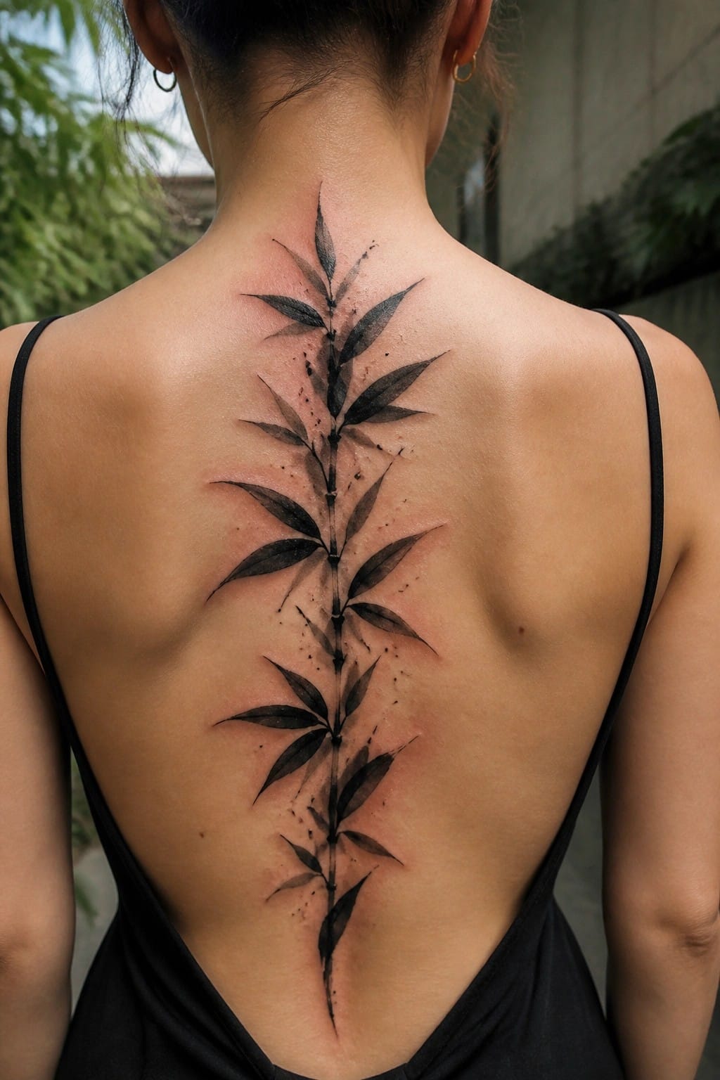 Vertical black bamboo tattoo running down a woman's spine with leaves branching out and subtle ink splatters
