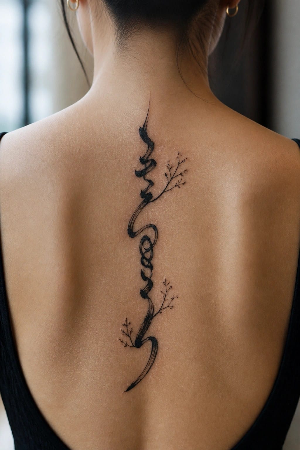 Woman's back with flowing black calligraphy tattoo and branches along spine