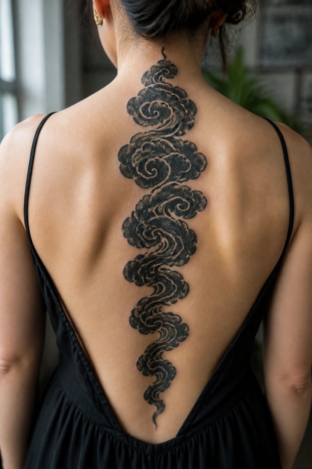 Woman's back with large black swirling cloud tattoo down spine in black dress