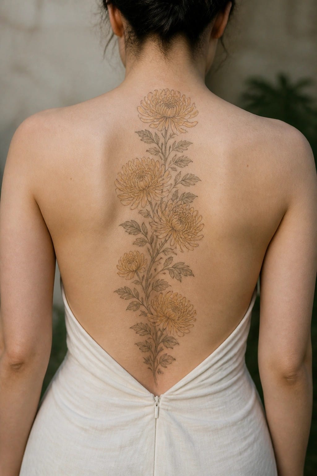 Vertical chrysanthemum spine tattoo in muted brown tones on a woman's back.