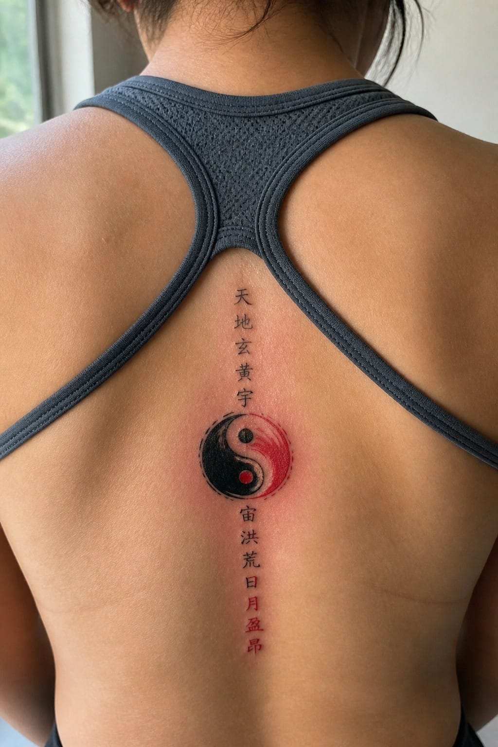 Yin yang tattoo in black and red ink centered on the spine with vertical Chinese characters stacked above and below on a woman's upper back.