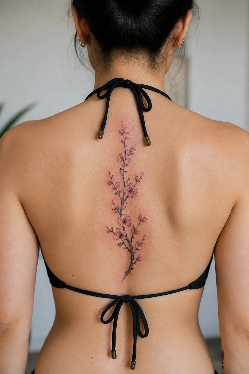 Woman's back with cherry blossom tattoo along spine in black bikini top