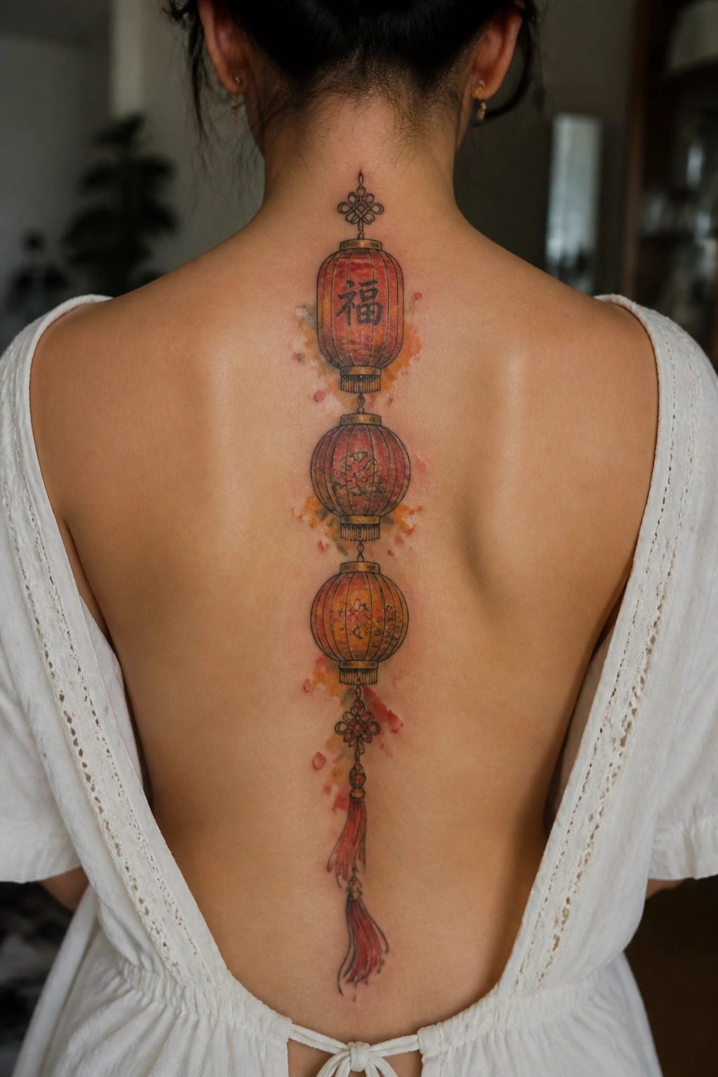 Red and orange Chinese lantern tattoo on woman's back in white dress.