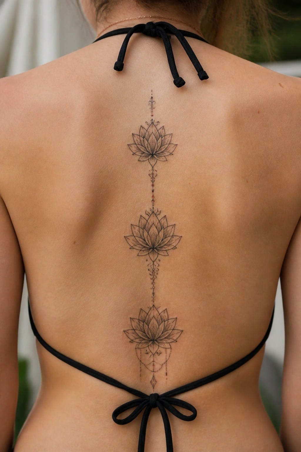 Woman's back with black bikini top and vertical lotus flower spine tattoo