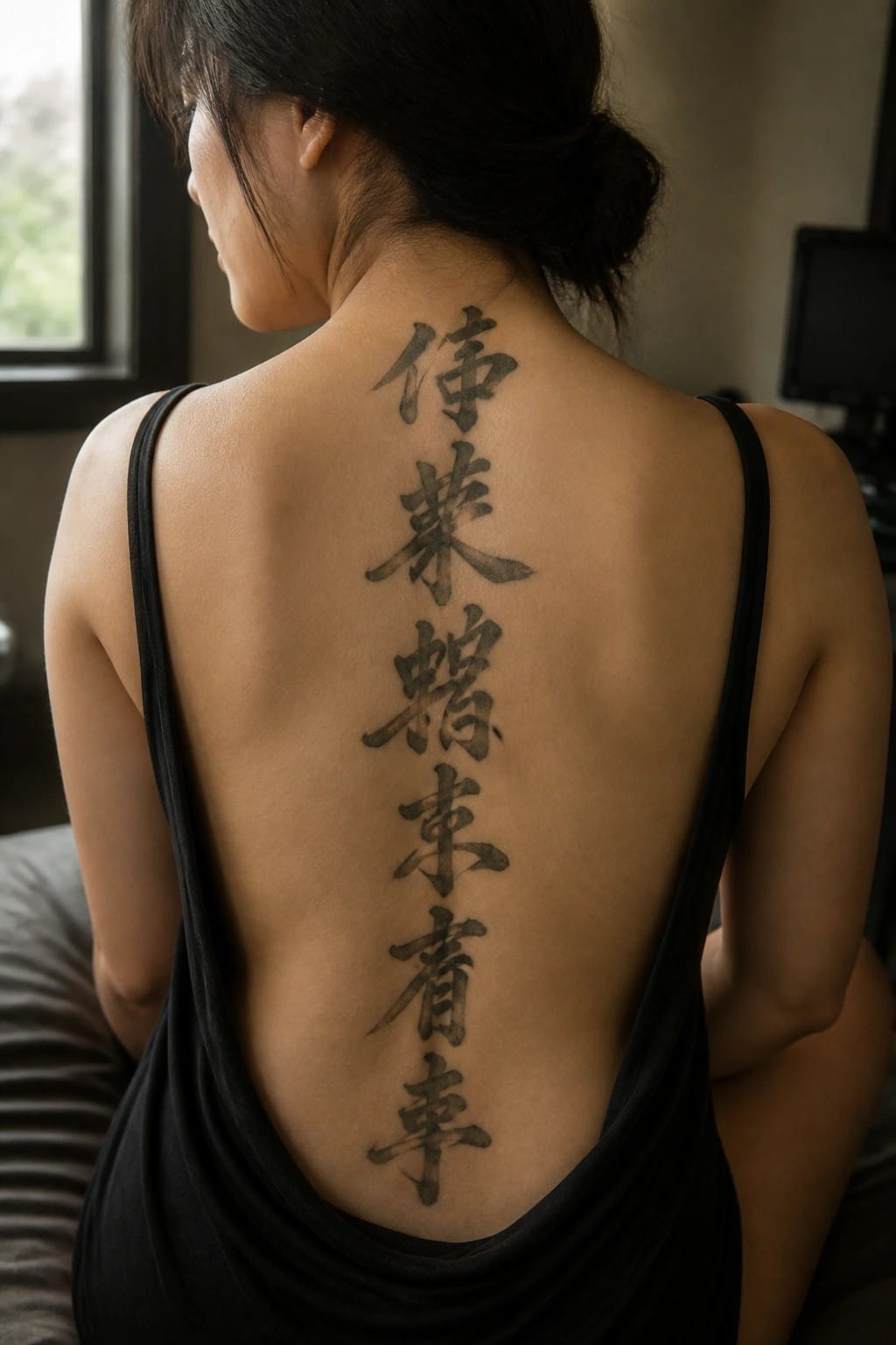 Woman's back with large vertical Chinese tattoo, wearing black tank top.