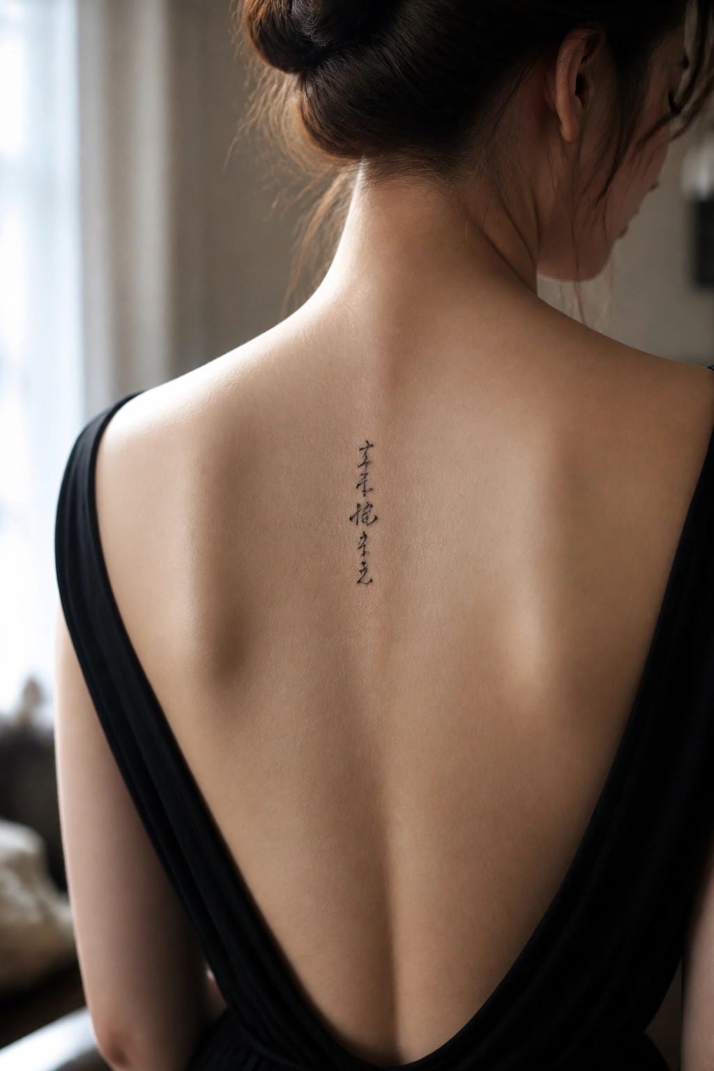 Woman's bare back in black dress with vertical Chinese tattoo and hair bun