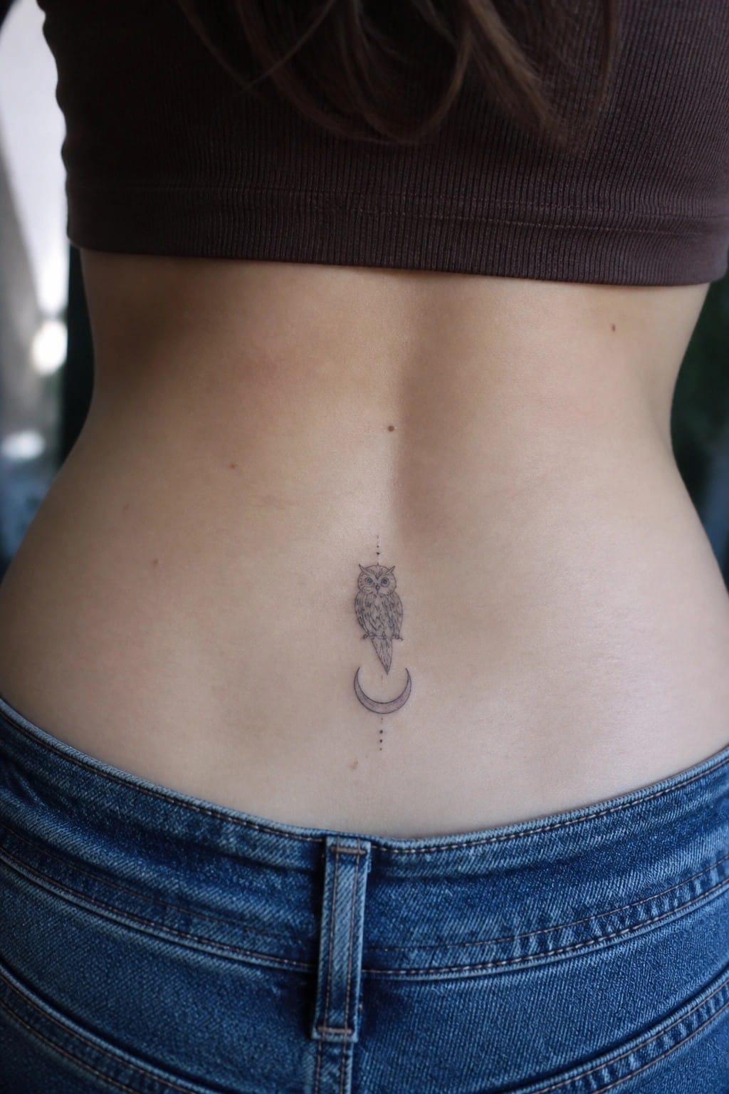 Fine line tattoo of an owl on a crescent moon centered on a woman's lower back above the waistband