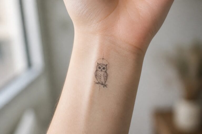 18 Dainty Owl Tattoo Ideas for Women for a Graceful Look Minimalist black owl tattoo on wrist with dotted lines and stars.