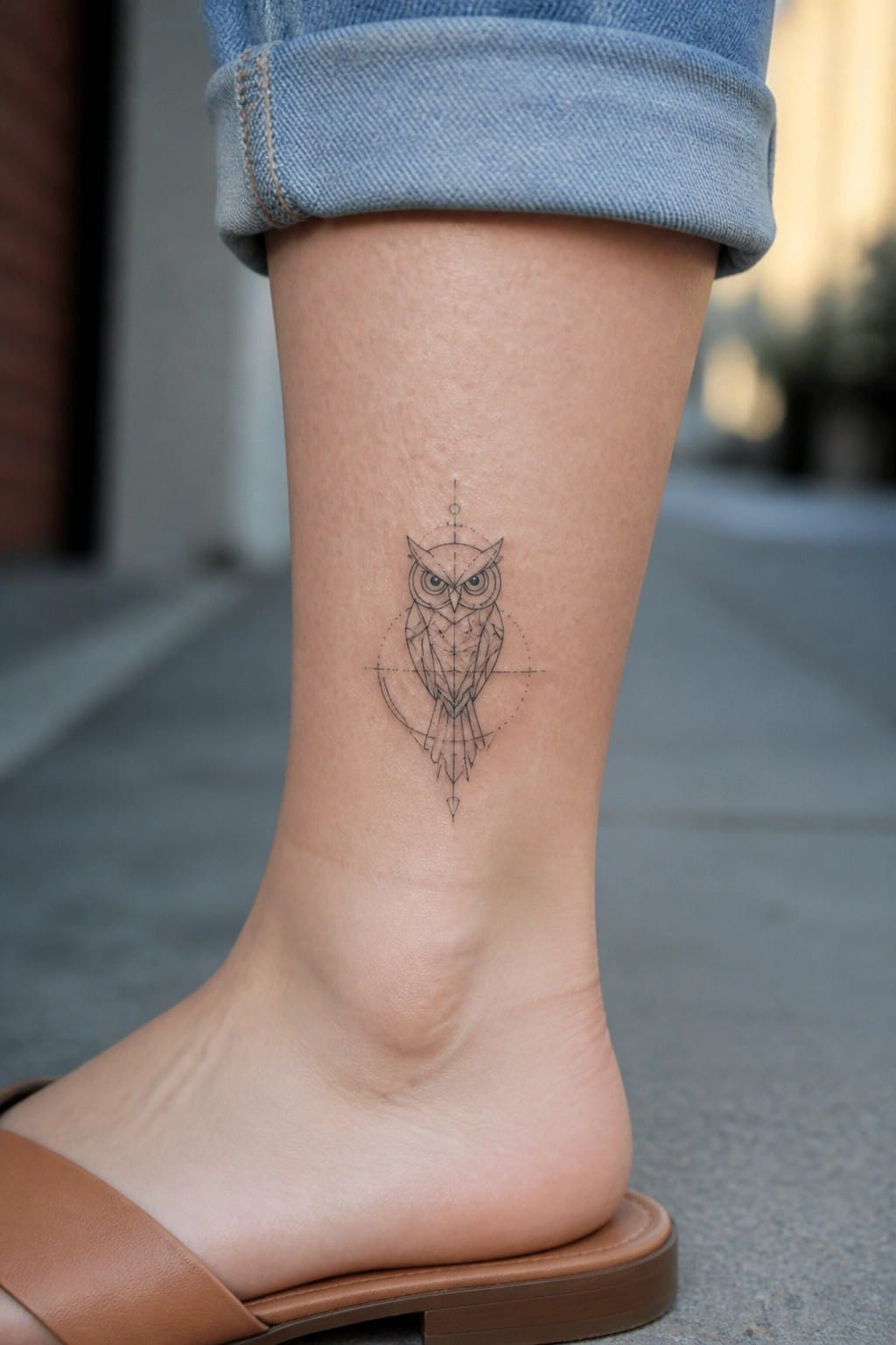 Geometric owl tattoo on ankle below rolled blue jeans and brown sandal