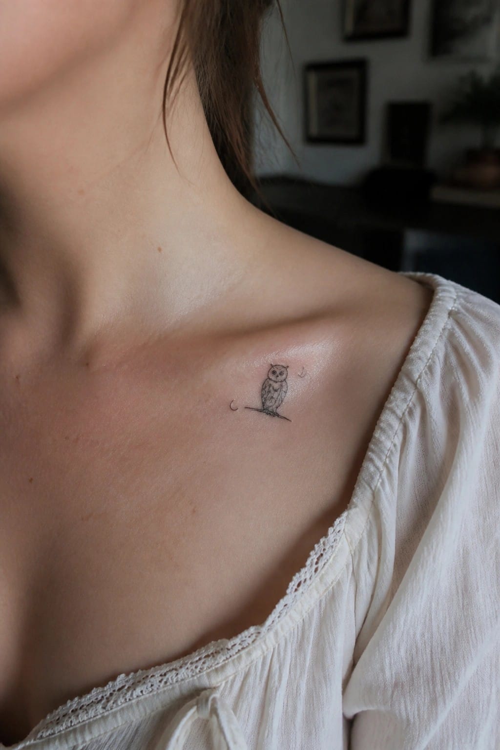 Small owl tattoo on shoulder beside white lace-trimmed blouse neckline