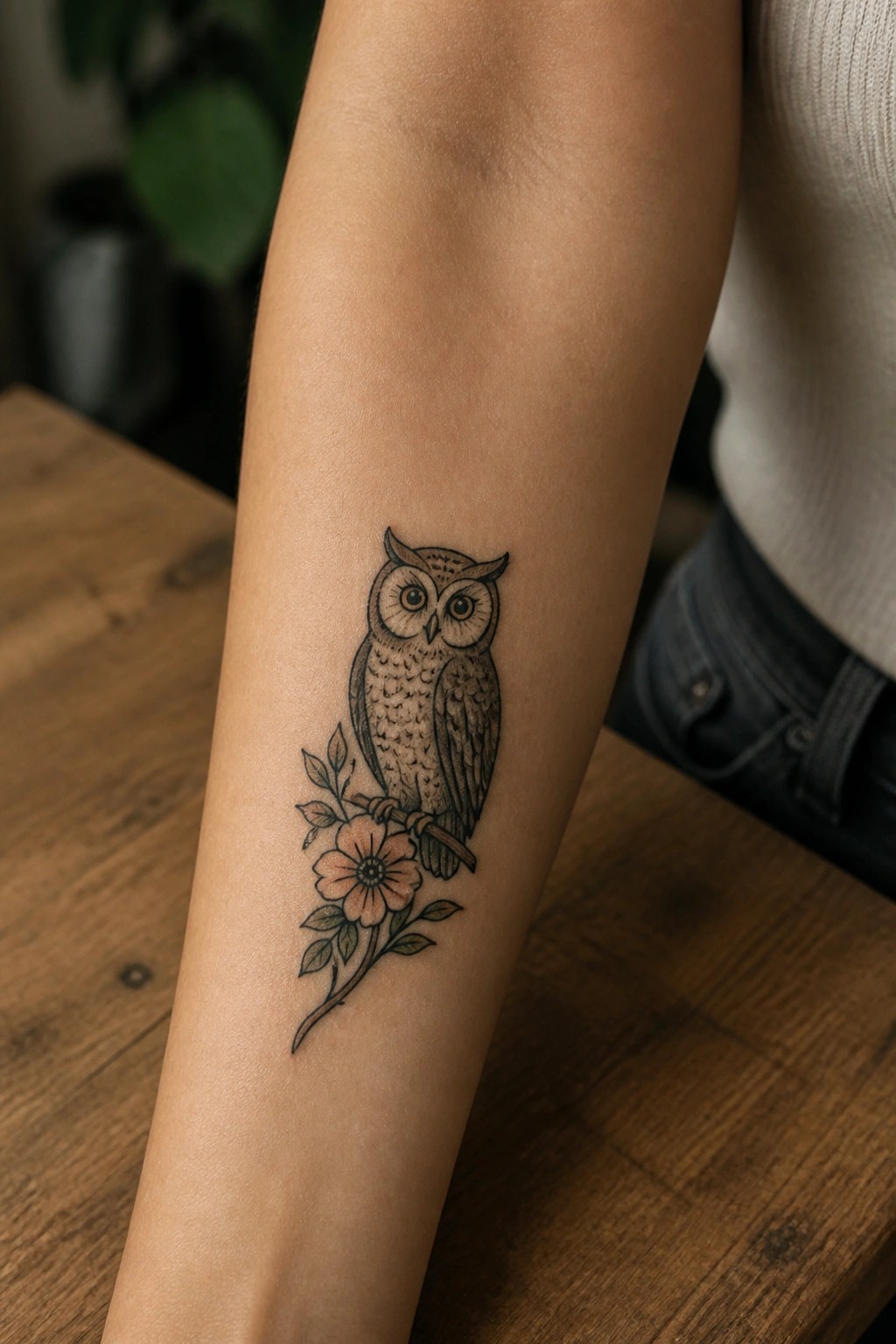 Black and grey owl tattoo on the inner forearm perched on a branch with a flower and leaves.