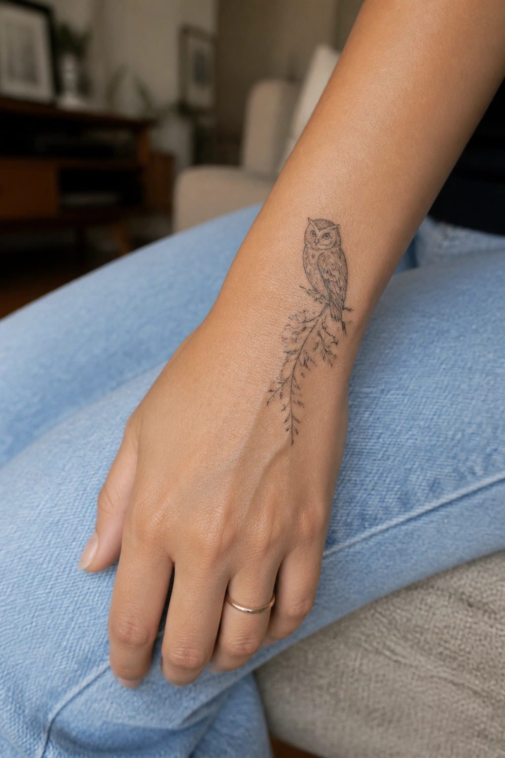 Owl tattoo on inner forearm above blue jeans with gold ring