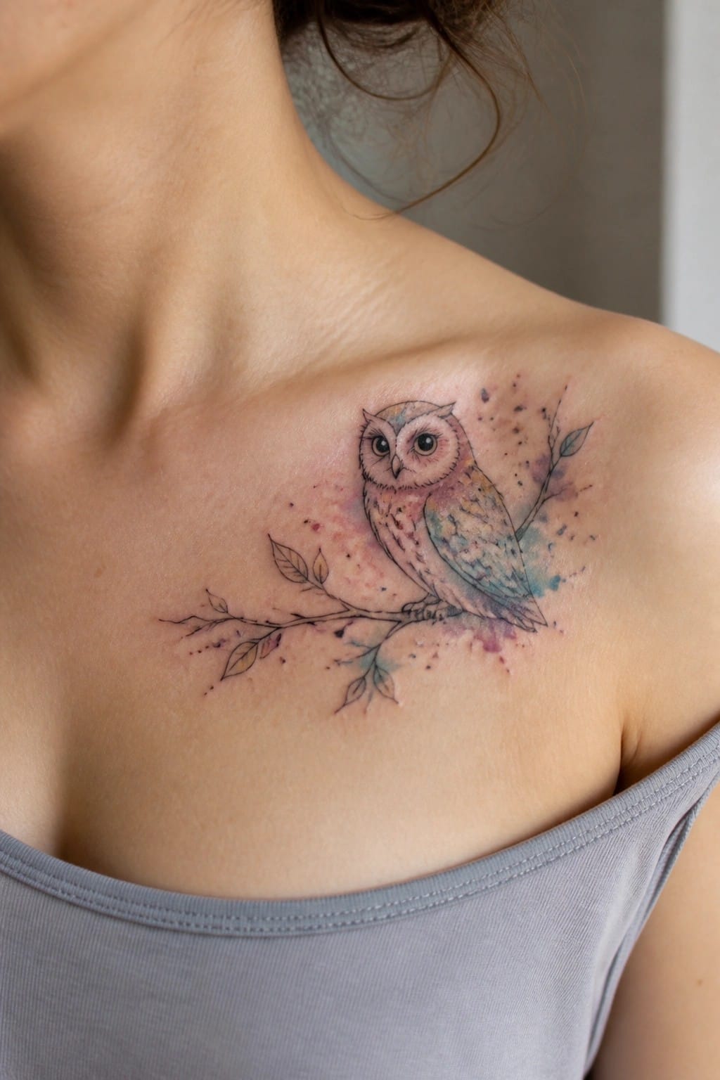 Colorful watercolor owl on branch tattoo above gray tank top on shoulder