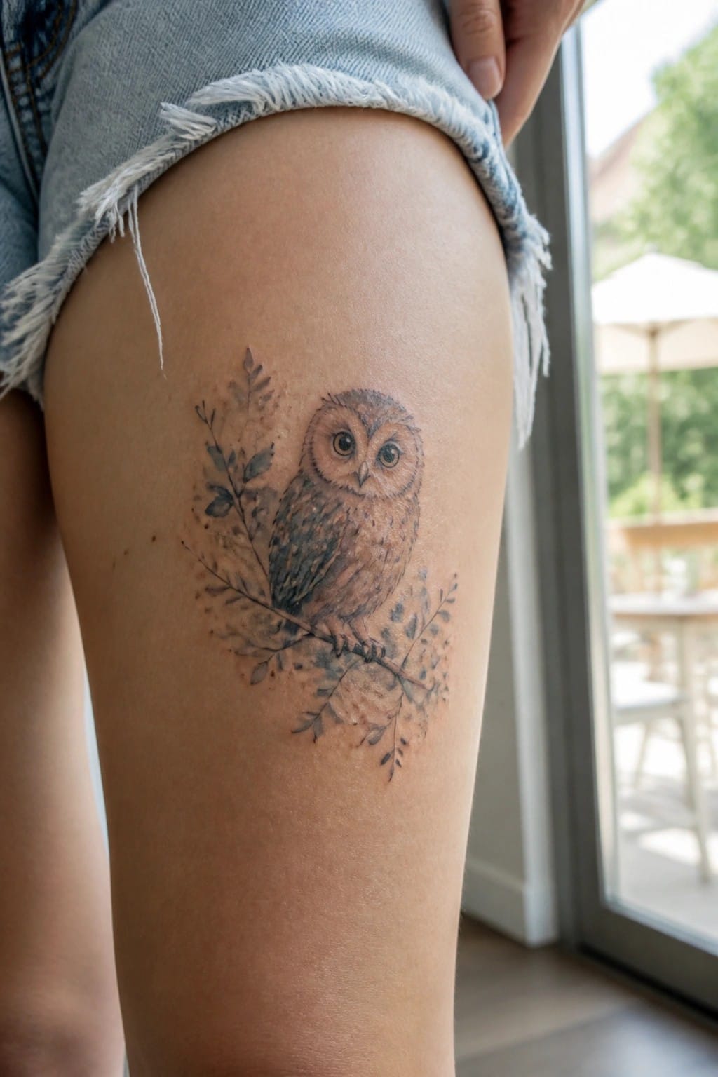 Small owl tattoo on the thigh perched on a branch with leaves in soft realistic shading.
