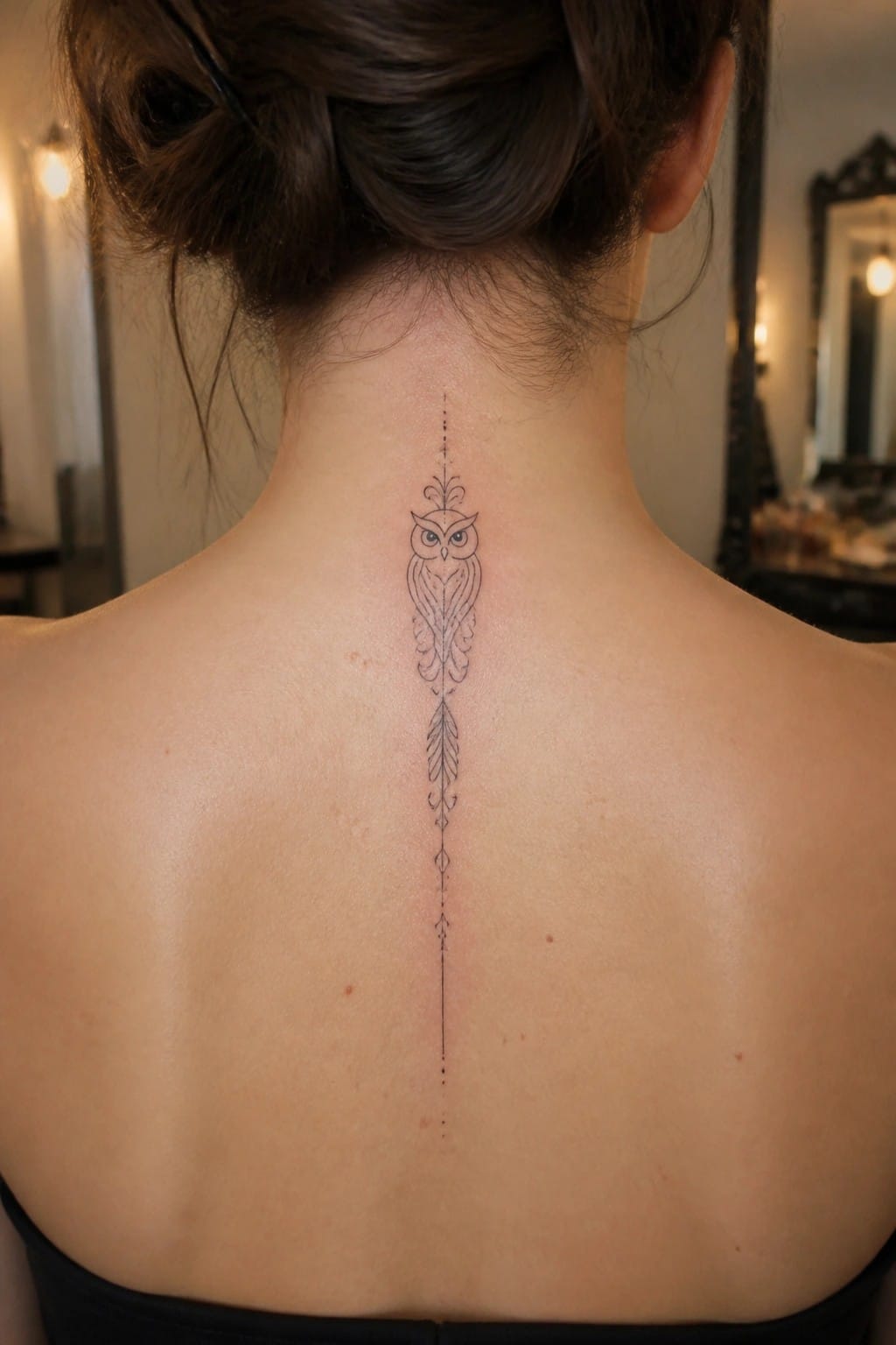 Fine line owl tattoo with a feather motif extending down the spine on a woman's upper back