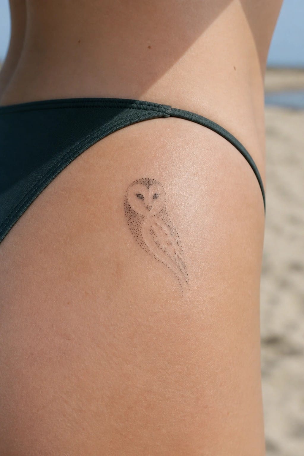 Stippled owl tattoo on hip above dark green bikini waistband on beach