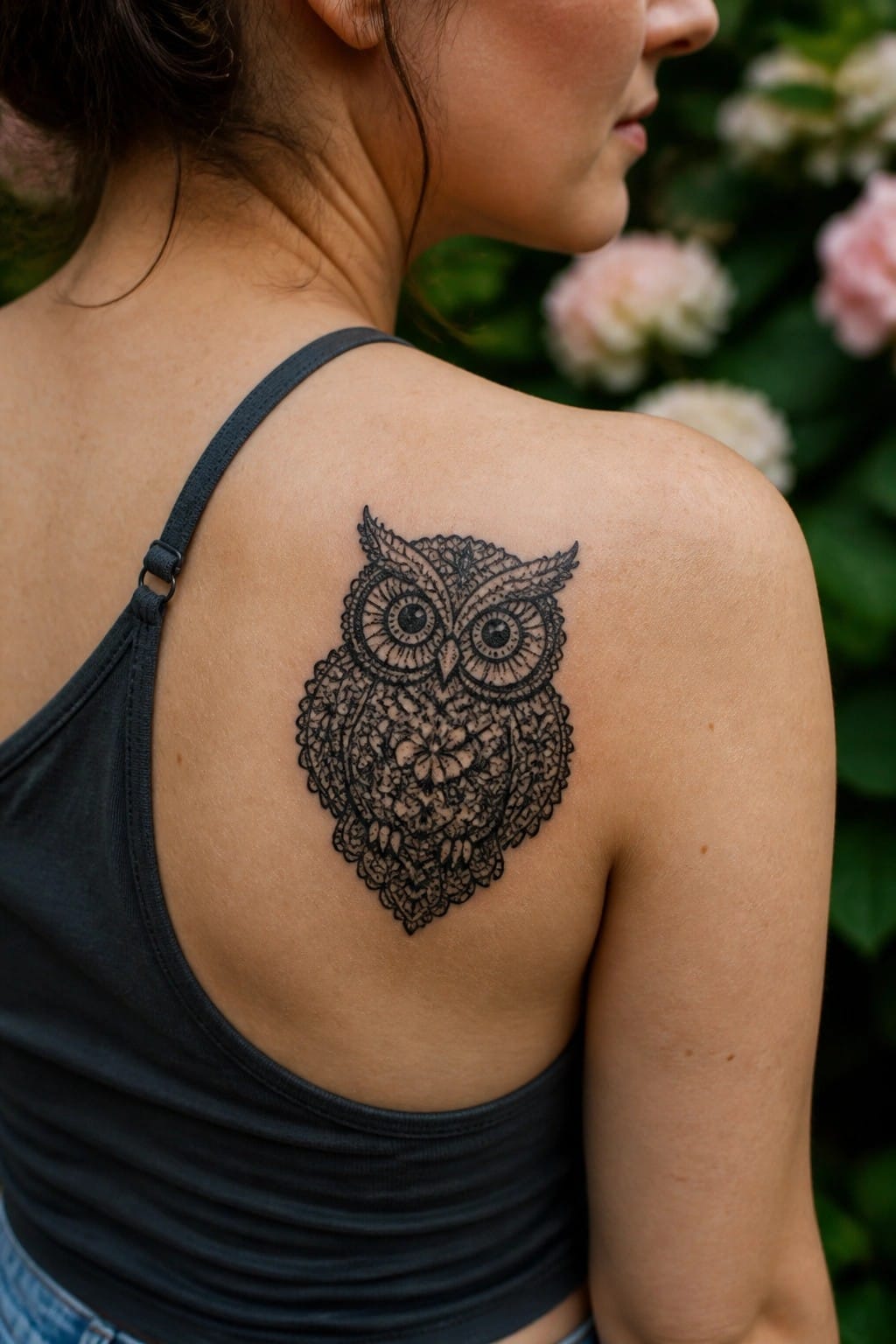 Detailed black owl tattoo on a woman's shoulder with intricate patterns and floral motifs in the design.